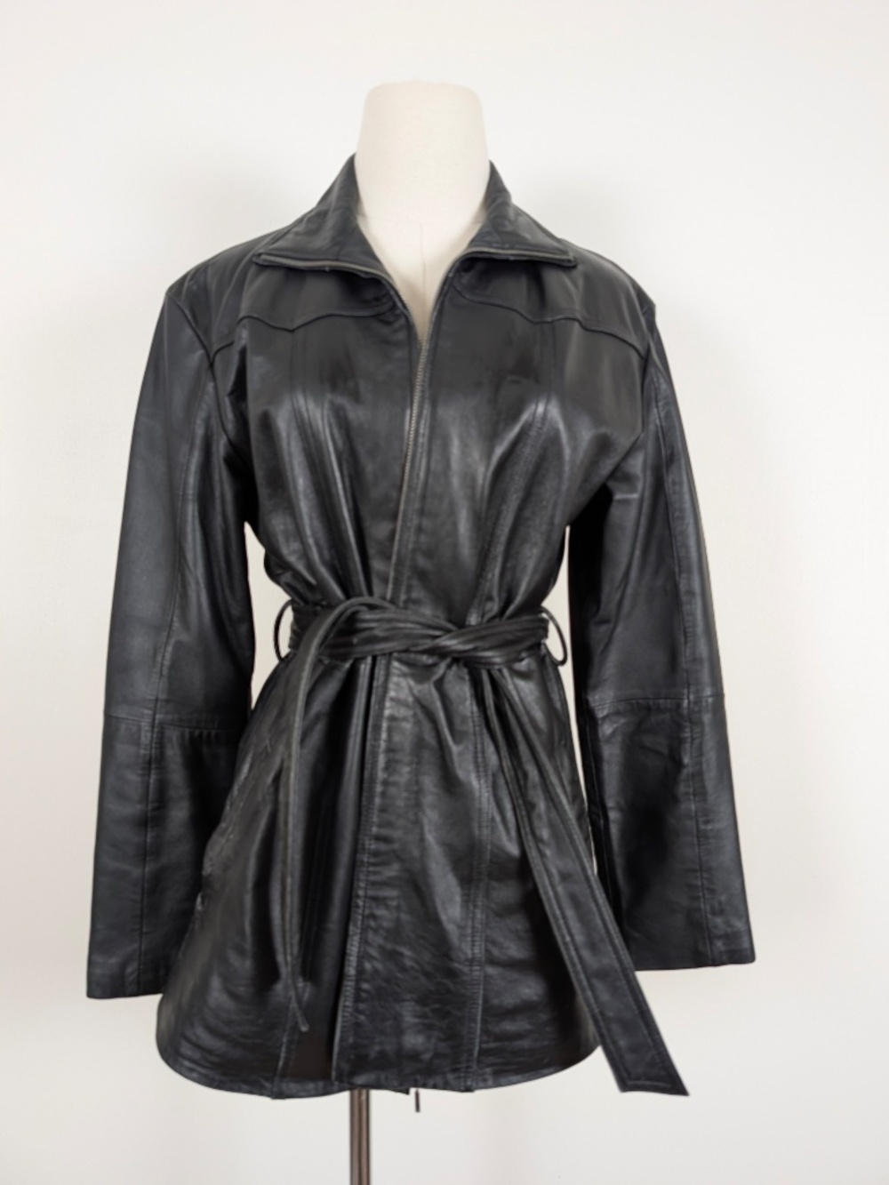 Vintage Leather Jacket Belted Size Medium Black Biker - Picture 14 of 14